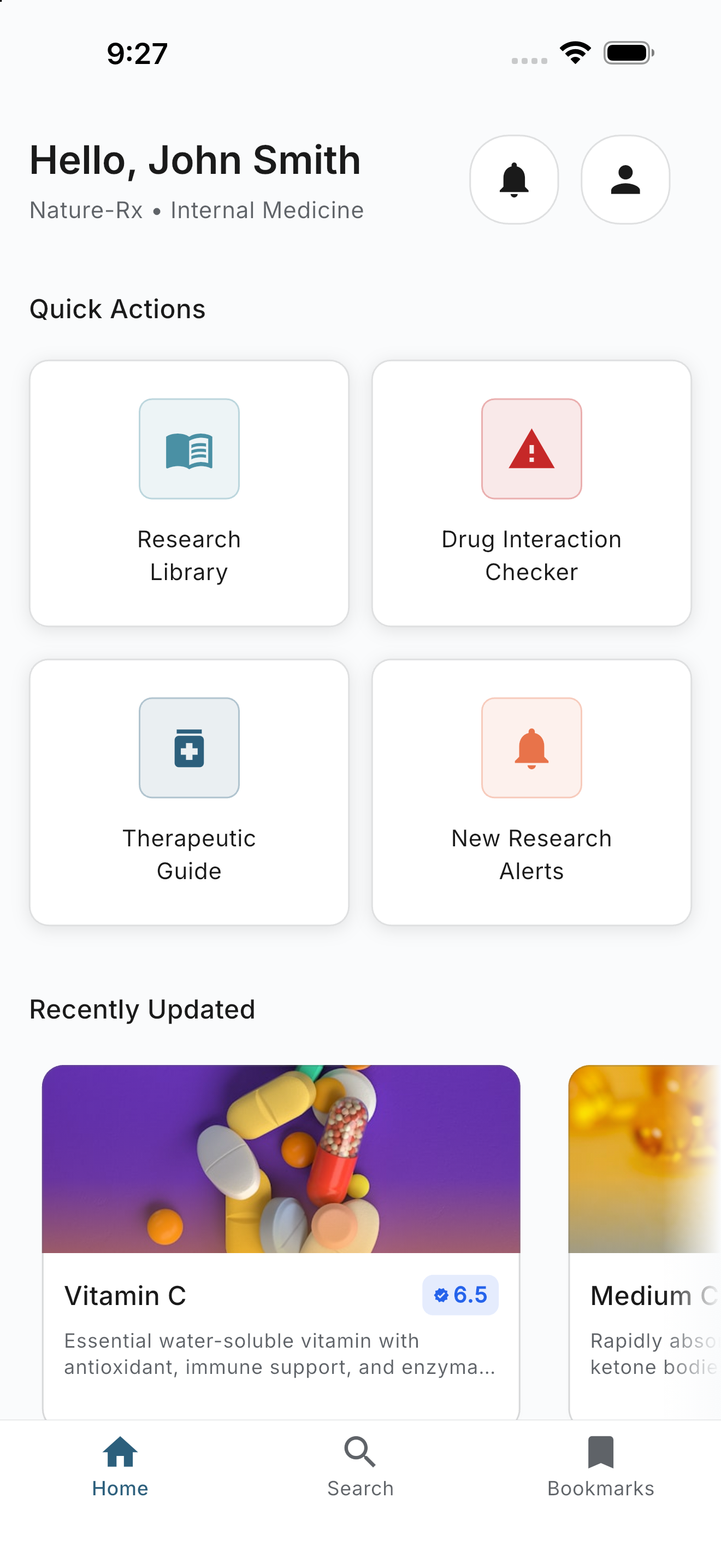 Nature-Rx app dashboard showing supplement profiles with evidence ratings