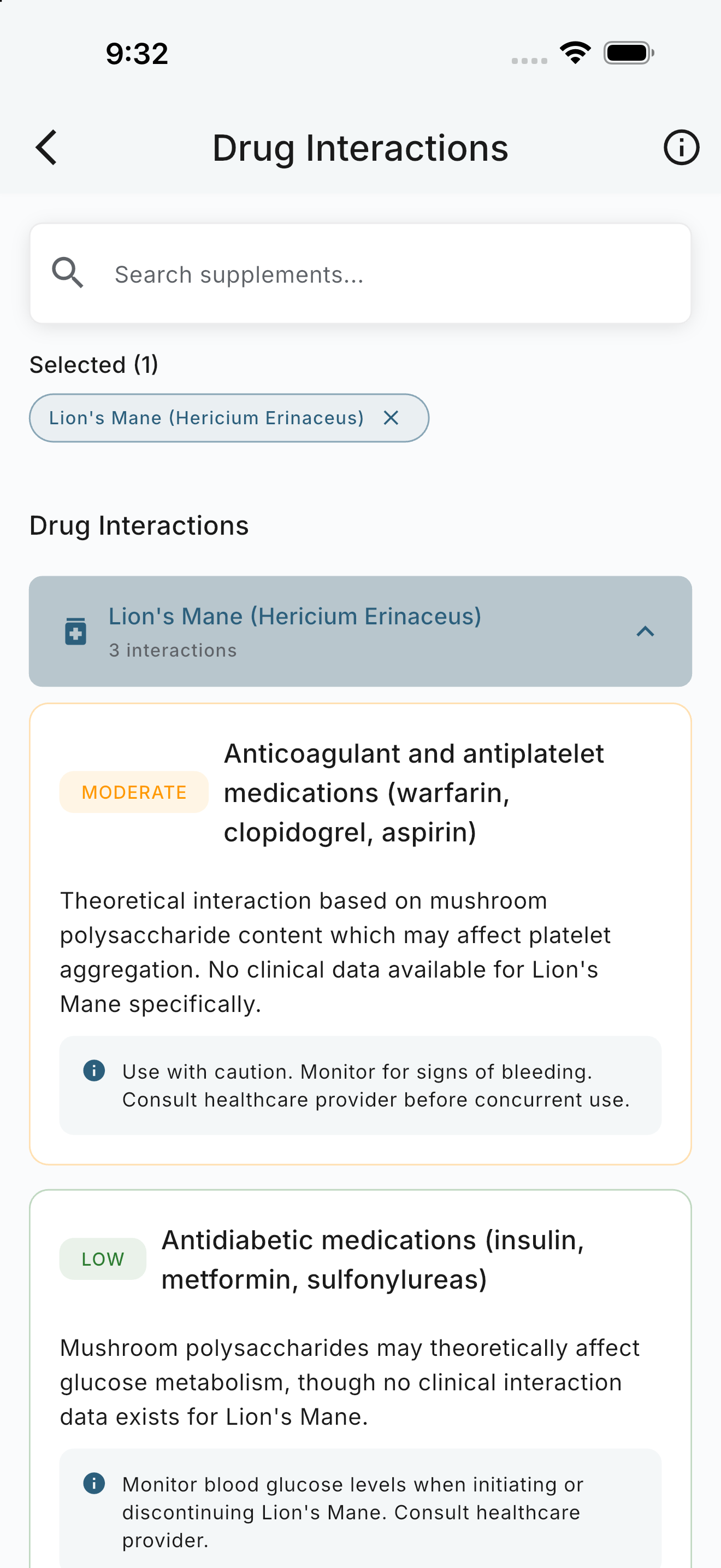 Drug interaction checker showing severity-rated interactions