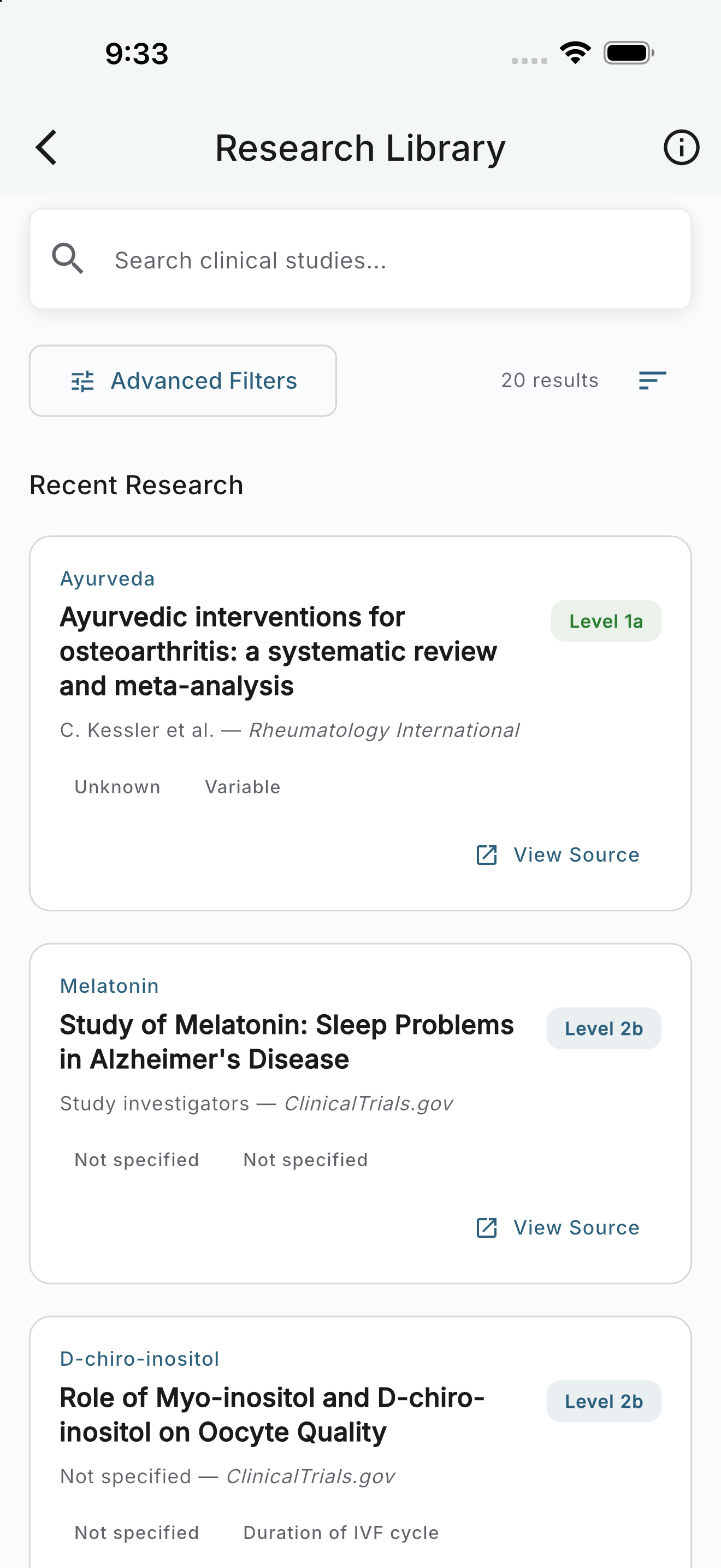 Research library with filtered clinical studies