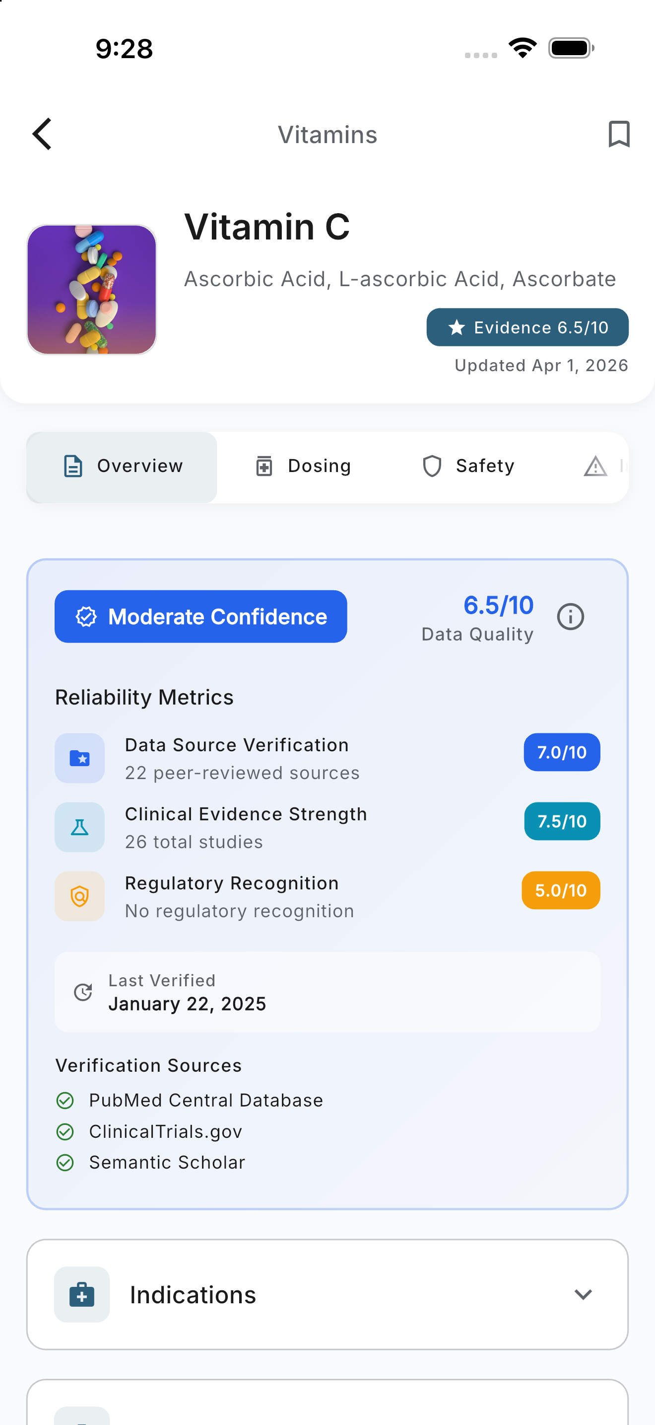 Supplement detail screen with evidence rating and reliability metrics